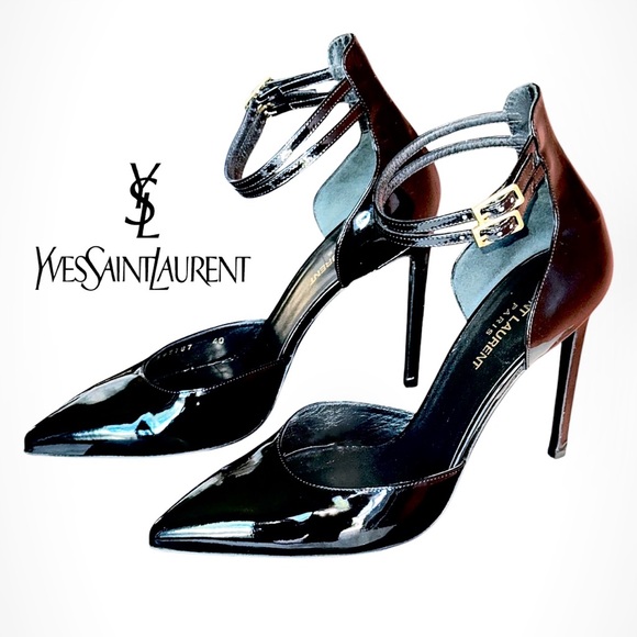 Saint Laurent Black Glossy Patent Leather Paris Triple Strap Heel EU 40 US 10 - Picture 1 of 17